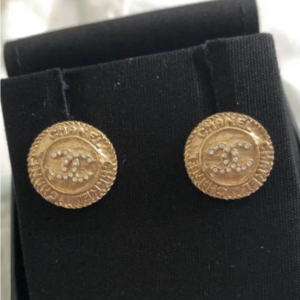 CHANEL Gold and Rhinestone Logo Earrings